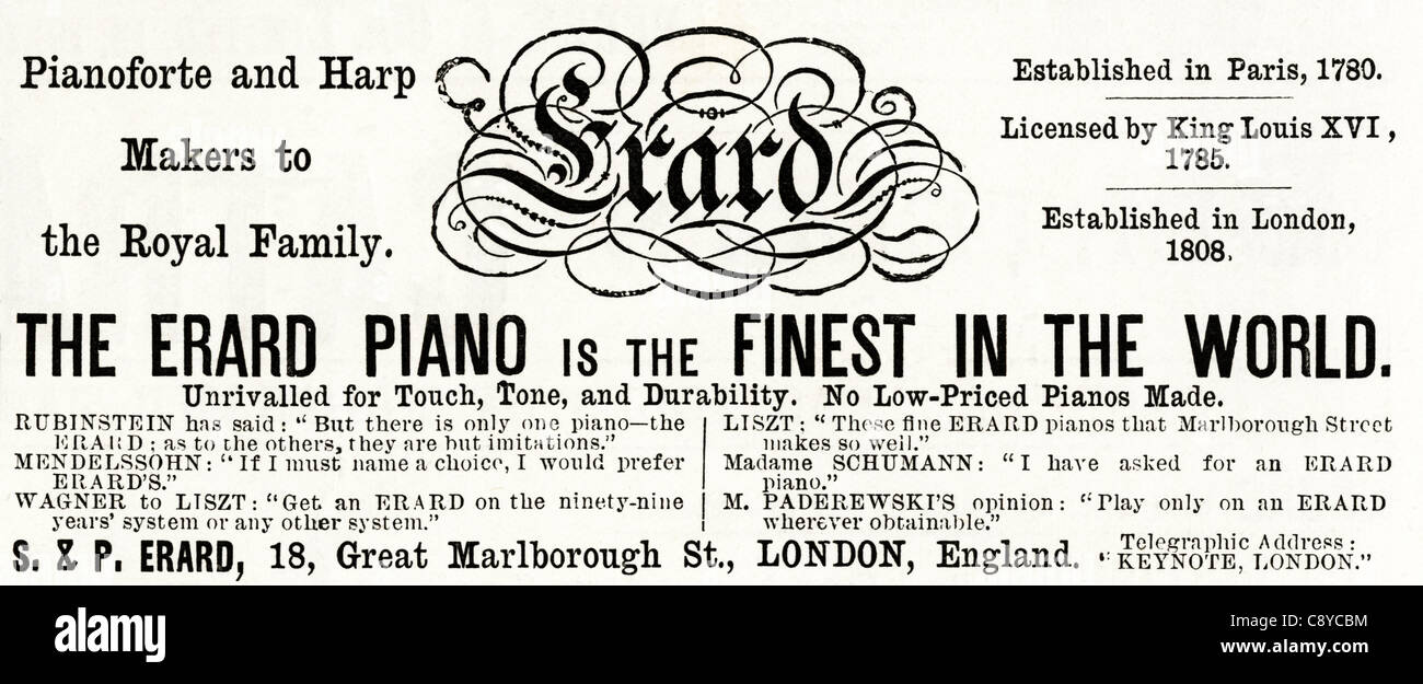 Original Victorian advertisement circa 1892 advertising ERARD PIANO AND HARP MAKERS Stock Photo