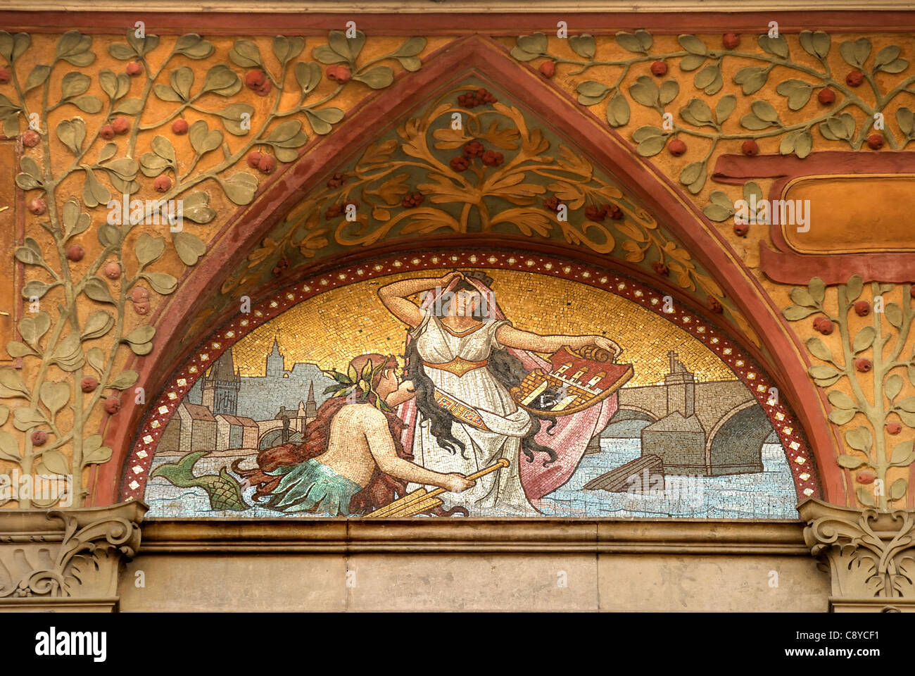 Prague, Czech Republic. Facade detail of UniCredit Bank (1894-96; Polivka / Saloun) at Na Prikope No.20 Mosaic Stock Photo