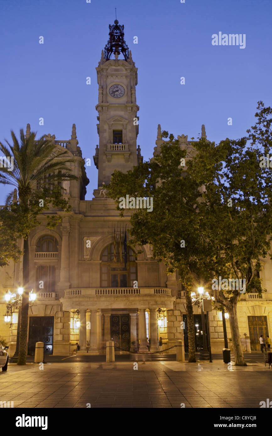 Plaza del Ayuntamiento, city hall at dusk, Valencia spain, Stock Photo