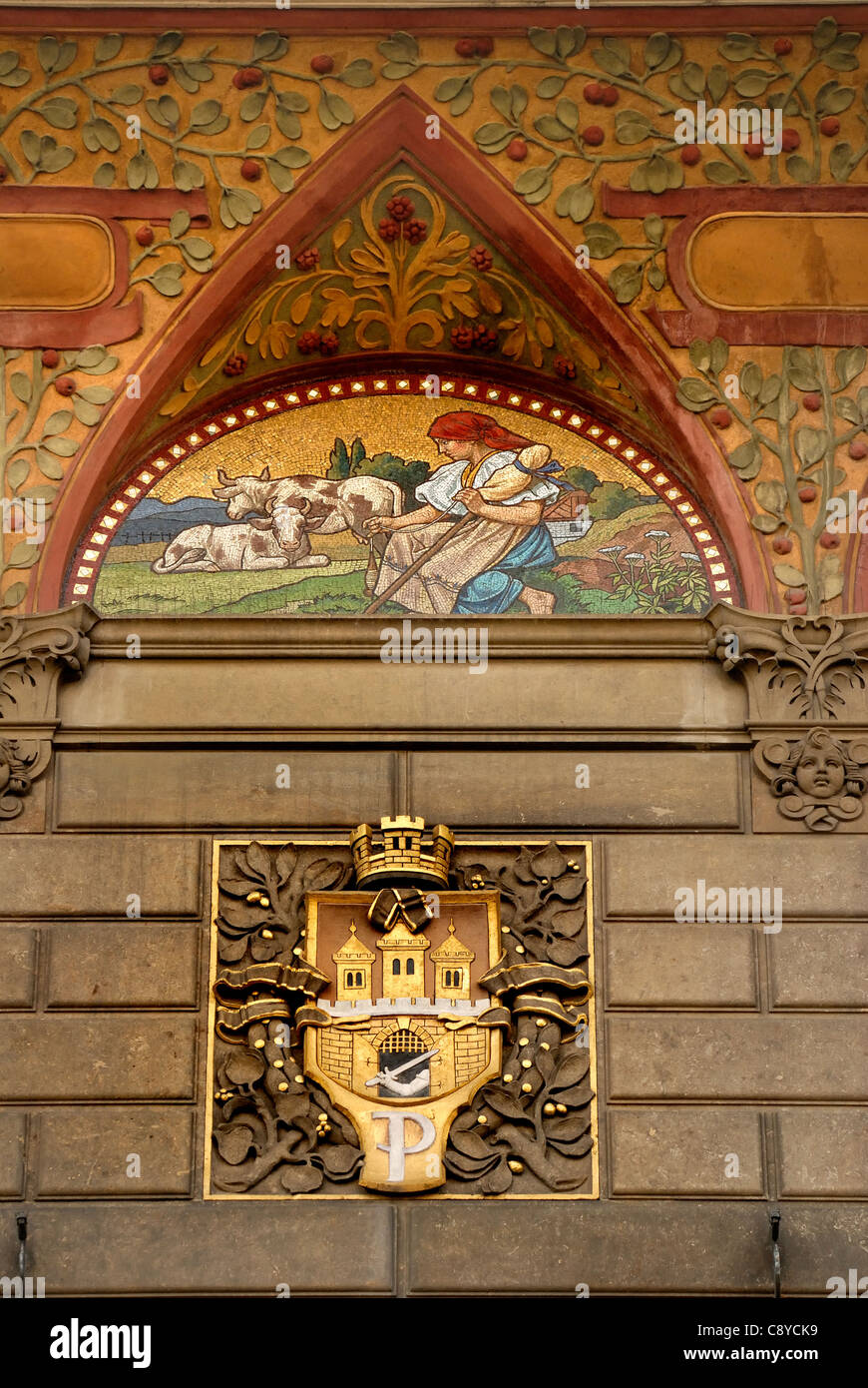 Prague, Czech Republic. Facade detail of UniCredit Bank (1894-96; Polivka / Saloun) at Na Prikope No.20. Stock Photo