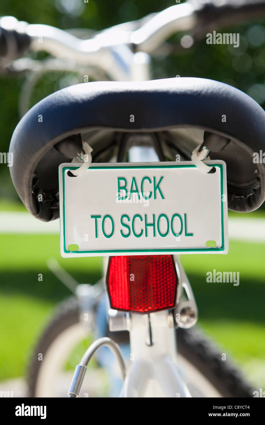 USA, Illinois, Metamora, Bicycle with 'back to school' sign Stock Photo