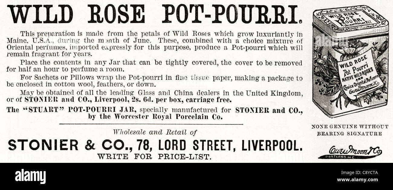 Original Victorian advertisement circa 1892 advertising WILD ROSE POT-POURRI  by Stonier & Co of Liverpool Stock Photo - Alamy