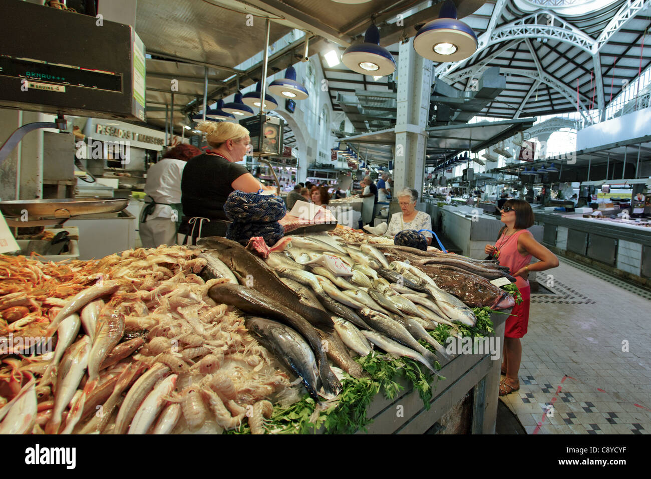 Fresh fish at Central market hall , Mercado Central, Valencia, Spain  Stock Photo
