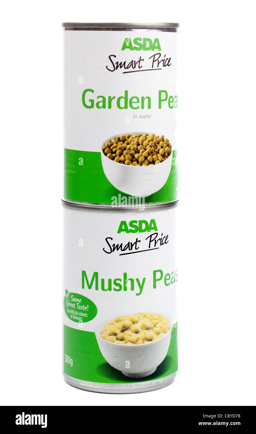 Two tins of Asda Smart price peas Mushy and Garden Stock Photo