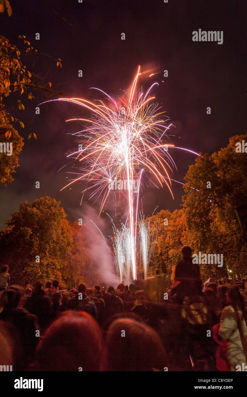 Crowd watching Fireworks display on November 4 2011 to celebrate Guy Fawkes Night. Corams Fields, Bloomsbury, Camden, London, England Stock Photo