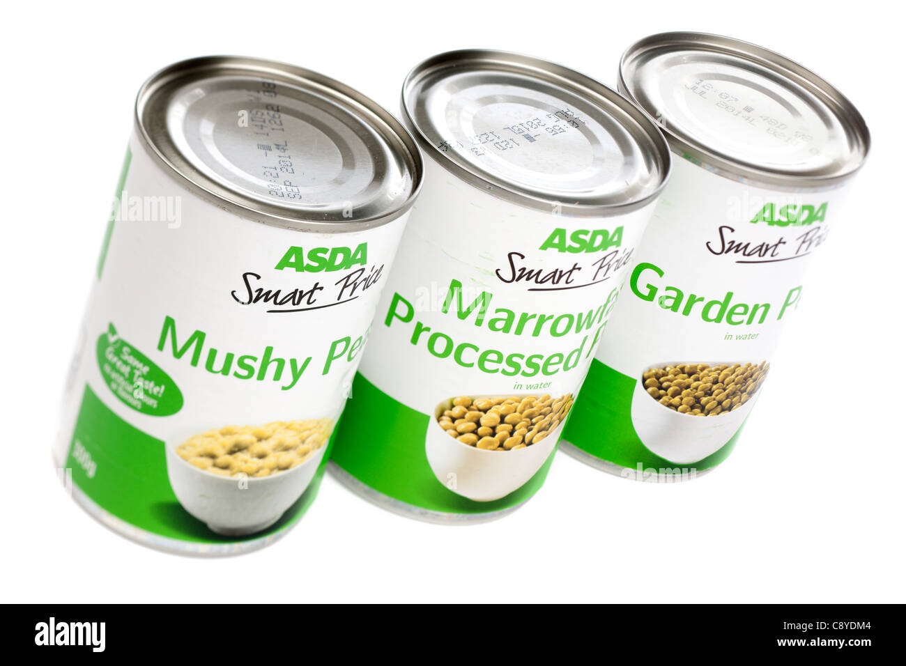 Three tins of Asda Smart price peas marrowfat Mushy and Garden Stock Photo