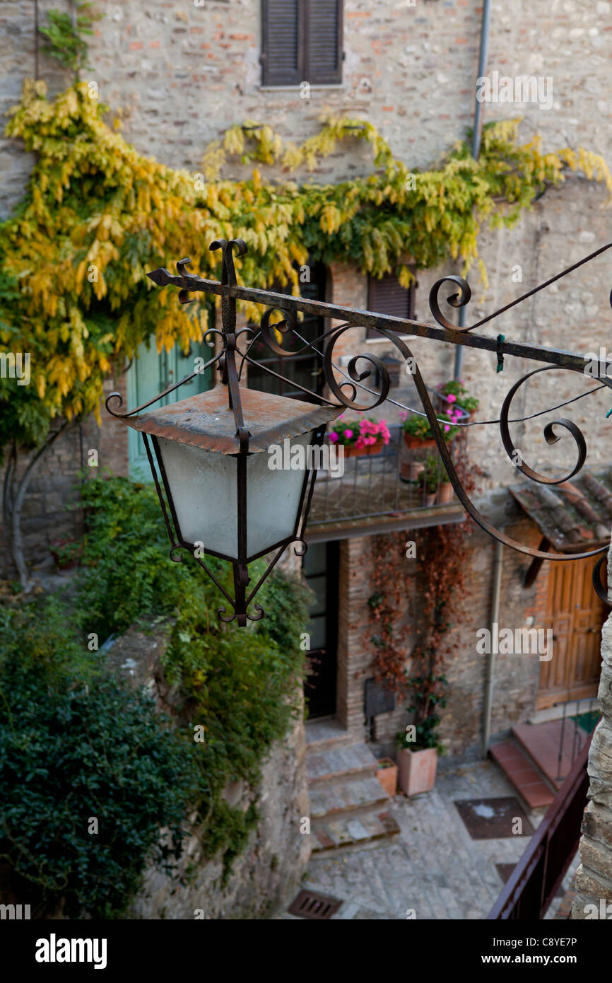 Lamppost and pretty house in medieval village. Montone, Perugia, Umbria, Italy Stock Photo