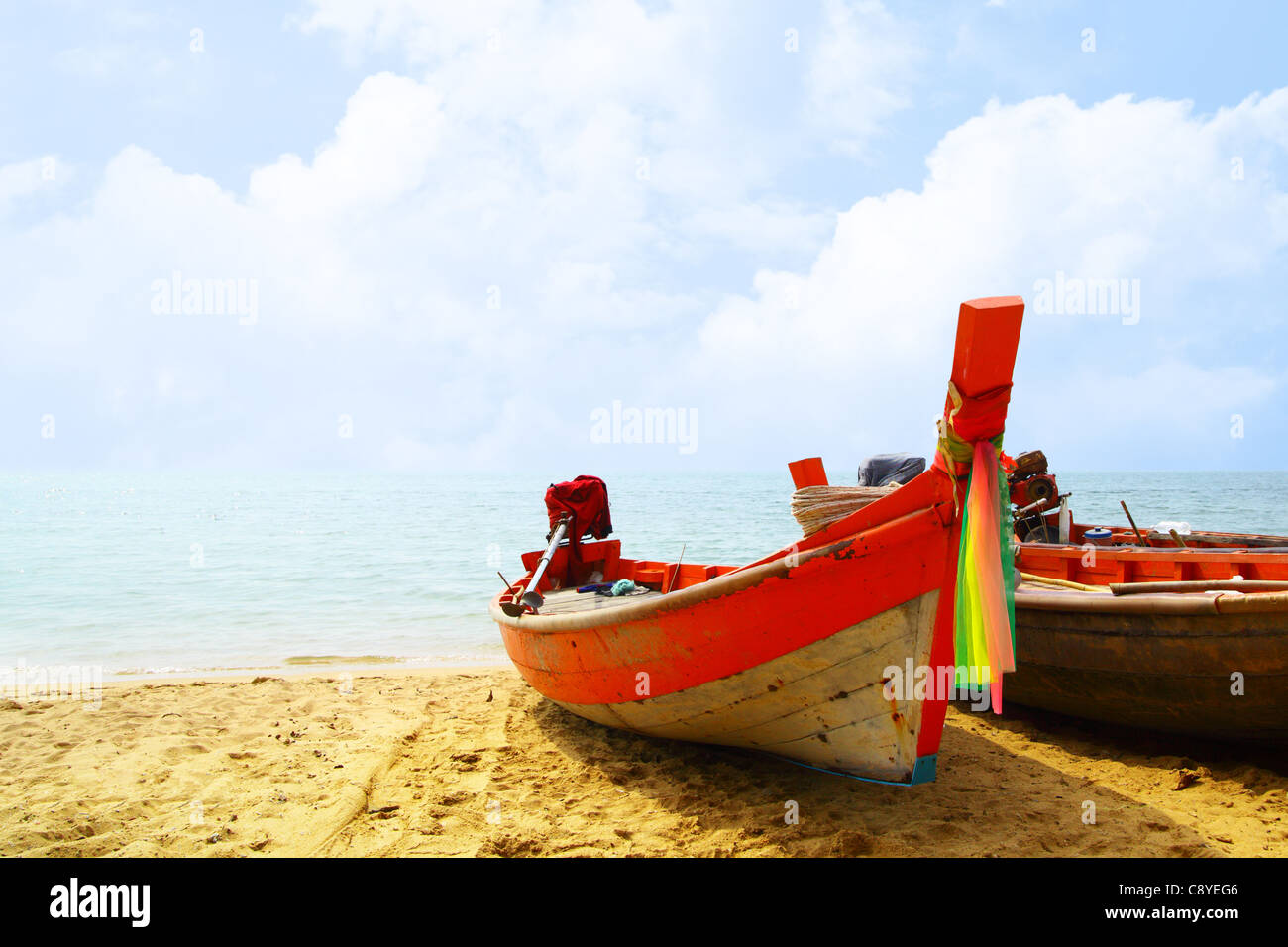 Fisherman boats close up at sandy beach Stock Photo