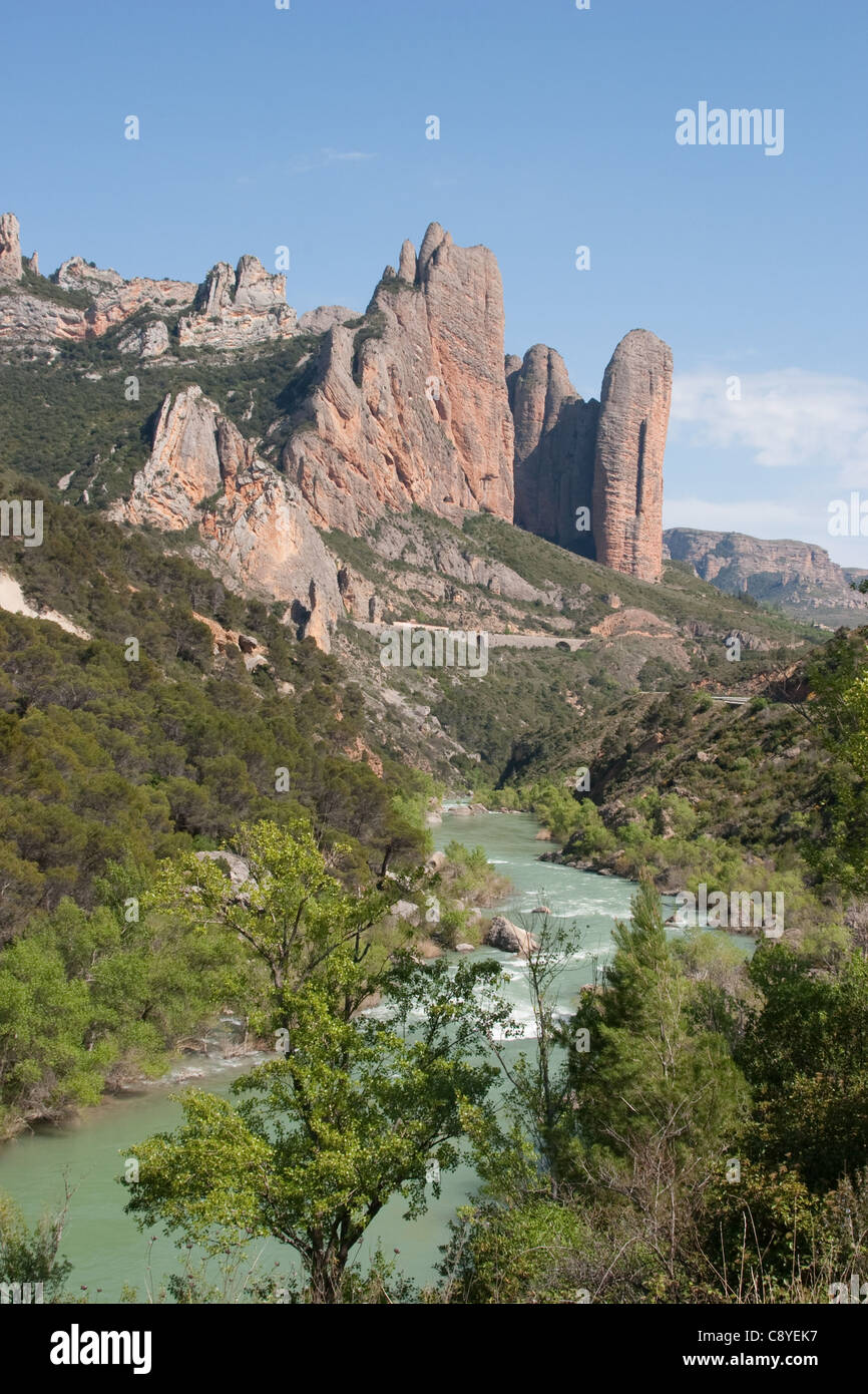Rock spires at Los Mallos de Riglos, Aragon, Spain Stock Photo
