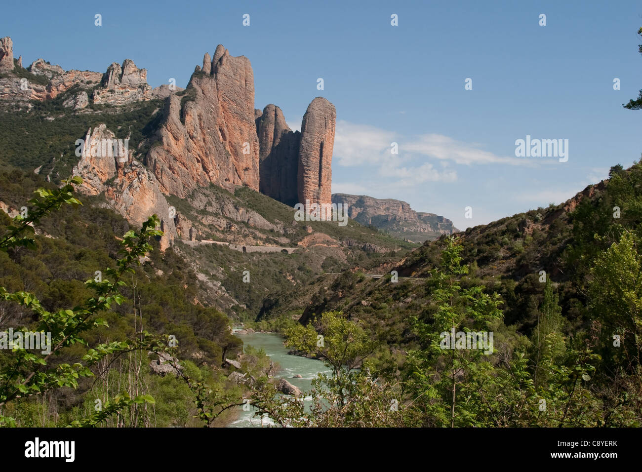 Rock spires at Los Mallos de Riglos, Aragon, Spain Stock Photo