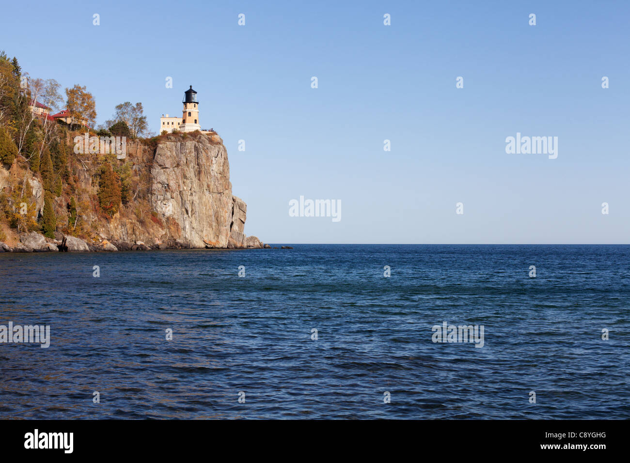 Split Rock lighthouse overlooks vast Lake Superior. Stock Photo