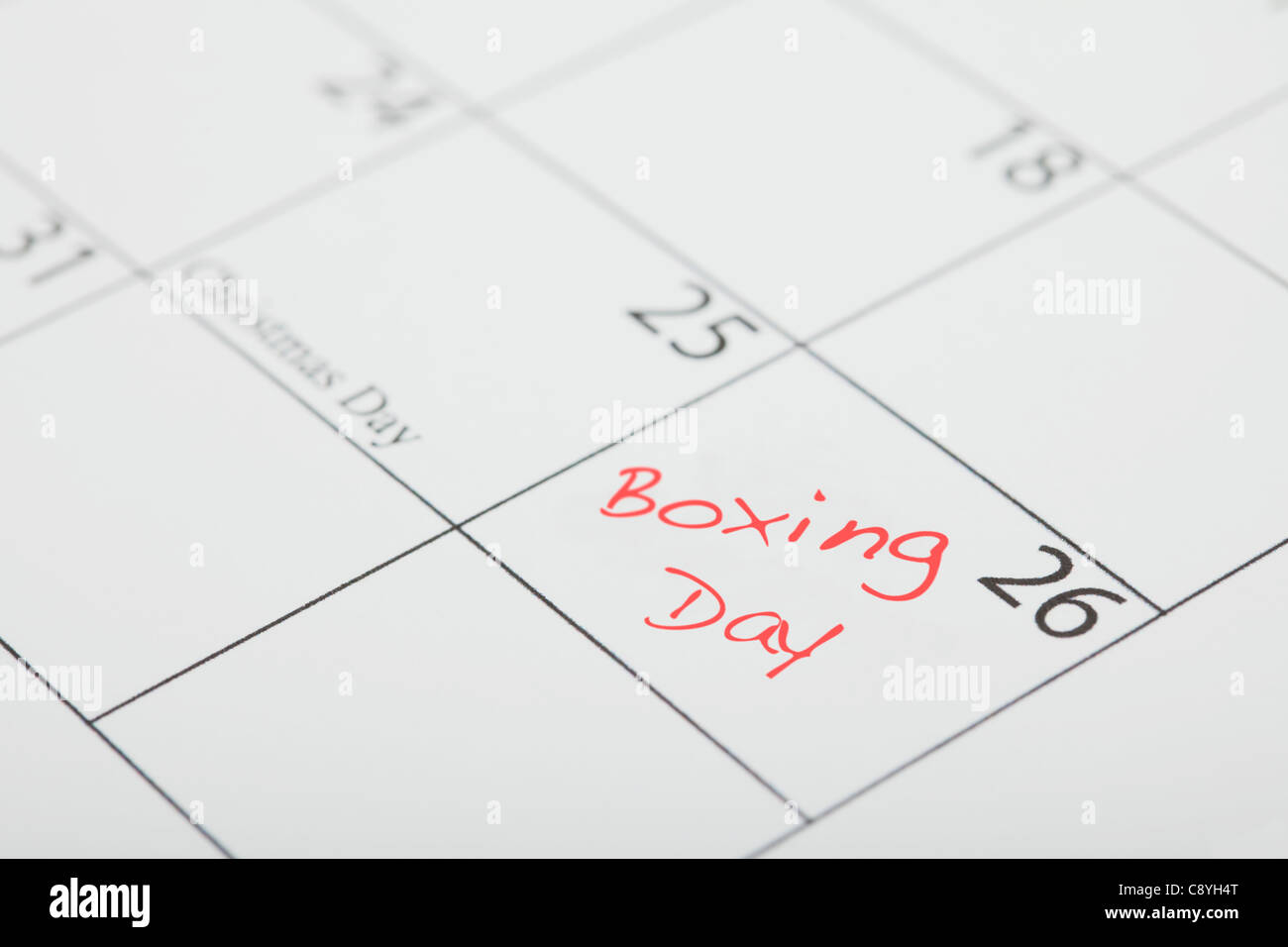 Closeup of calendar with Boxing Day marked Stock Photo Alamy