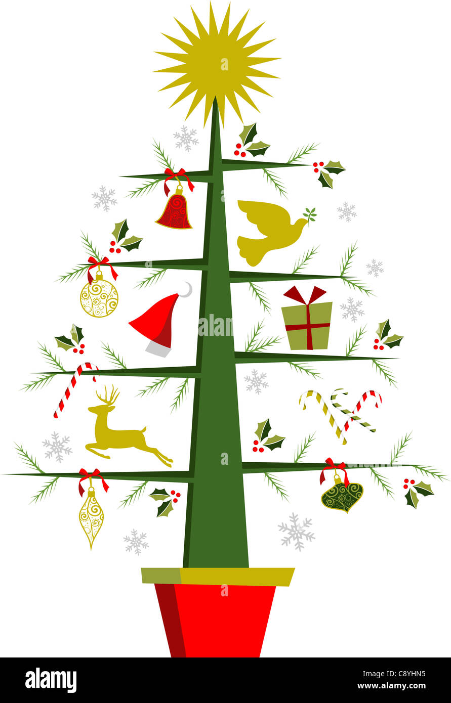 Fully decorated Christmas tree with a shiny golden star on top. White ...