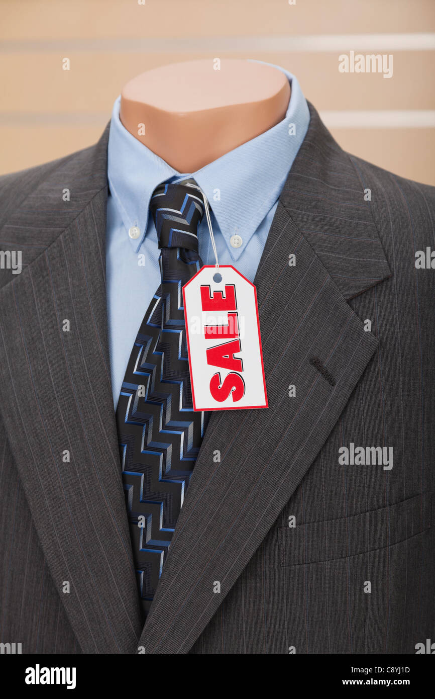USA, Illinois, Metamora, Sale tag on suit in shop Stock Photo