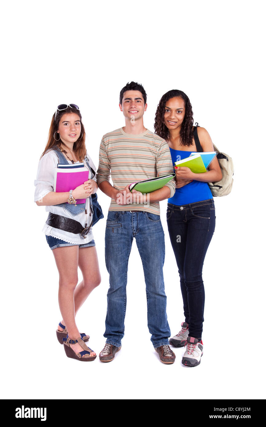 Three happy students holding books (isolated on white) Stock Photo