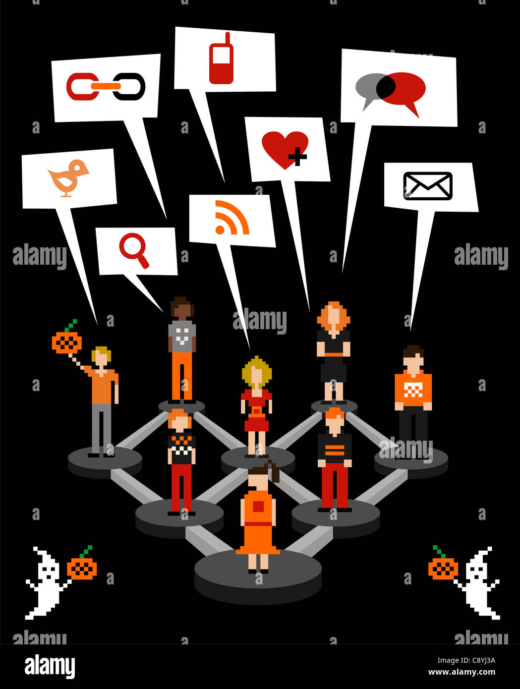 Web social relationship diagram showing people connected in Halloween seasonal. Stock Photo