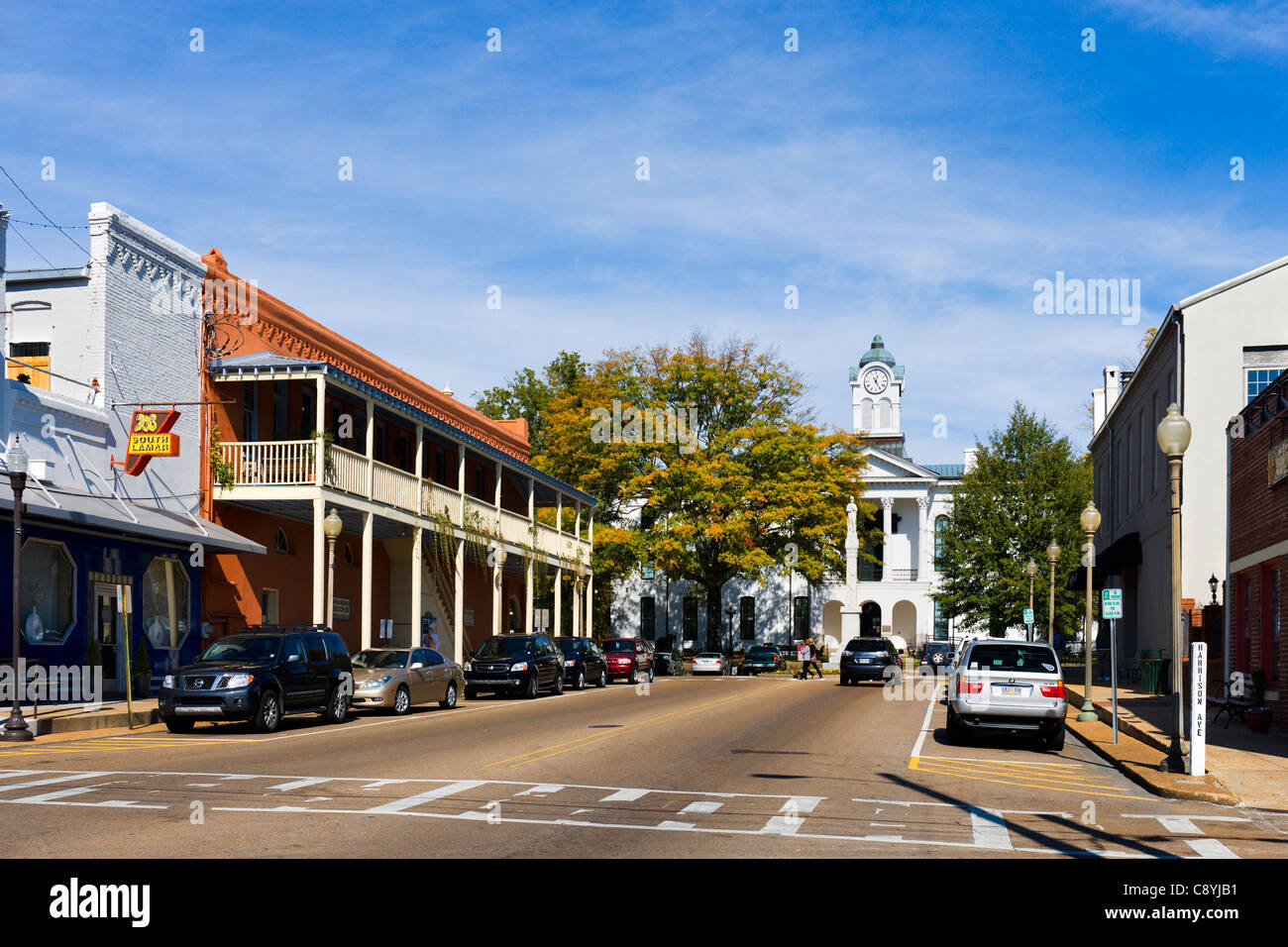 View down South Lamar Boulevard towards Courthouse Square in historic downtown Oxford, Mississippi, USA Stock Photo