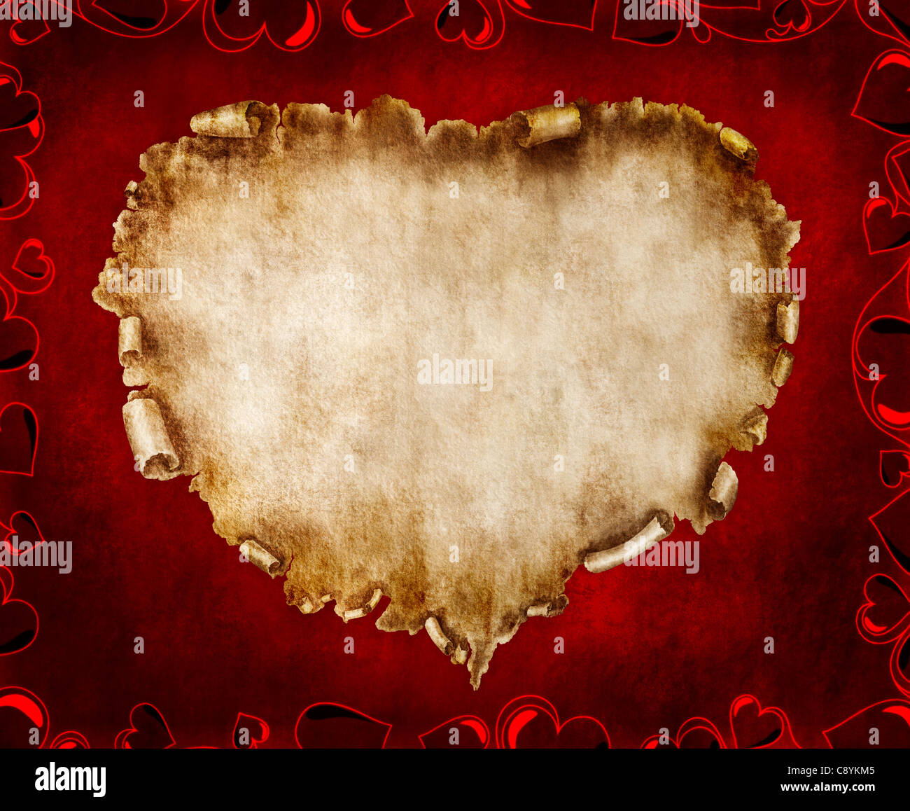 Heartshaped vintage piece of parchment. Valentines Day Card romantic