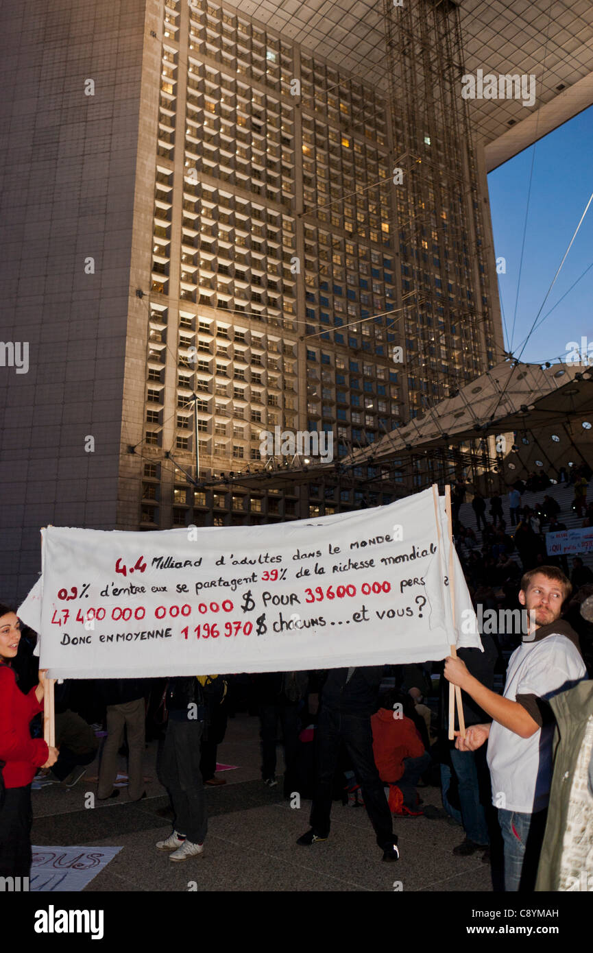 Paris, France, 'Occupy La Défense' Demonstration, Against Corporate Greed and Government Corruption, French Teens Holding Banners Stock Photo
