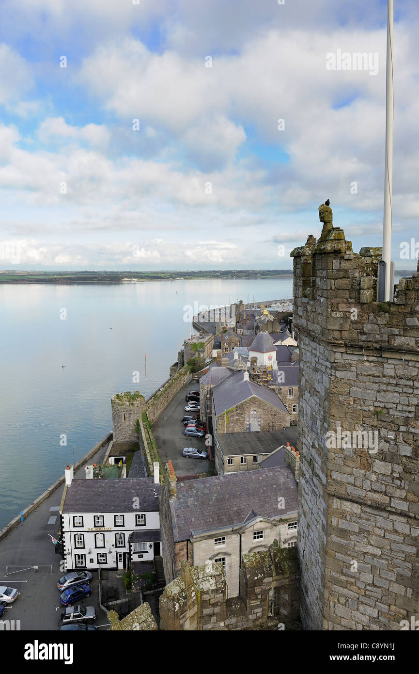 view of the anglesey pub/hotel and menai strait from caernarfon castle gwynedd north wales Stock Photo