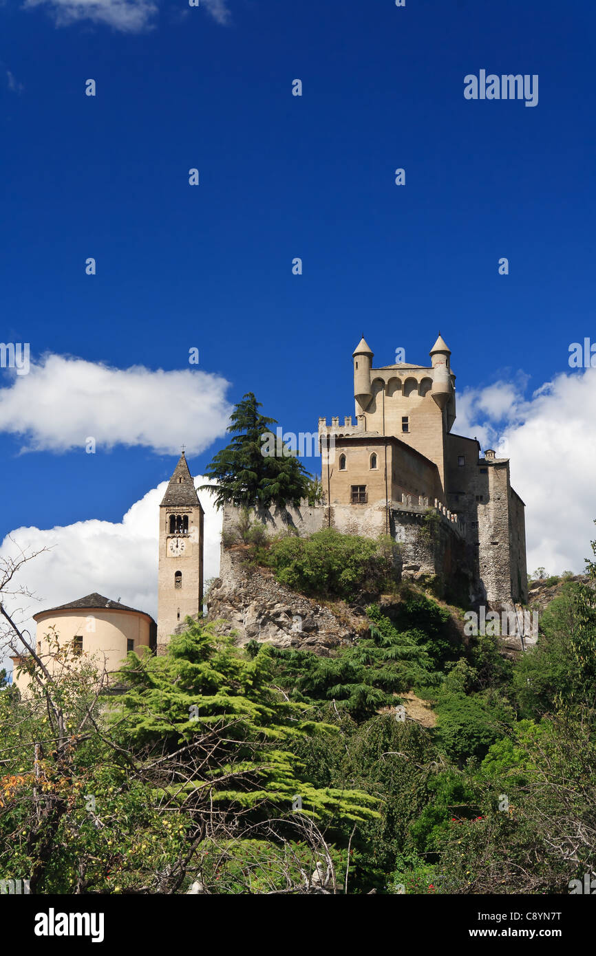 exterior of Saint-Pierre Castle and church in Aosta valley, Italy Stock Photo