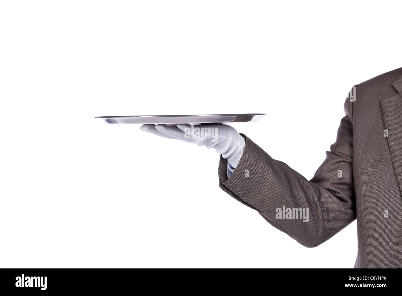 formal waiter with a tray (isolated on white) Stock Photo