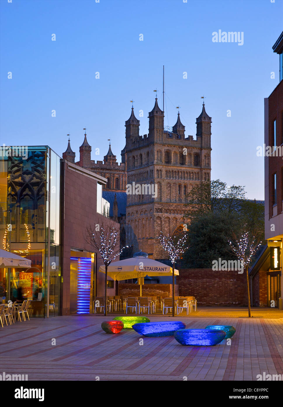 View of Exeter Cathedral at dusk from Princesshay Stock Photo