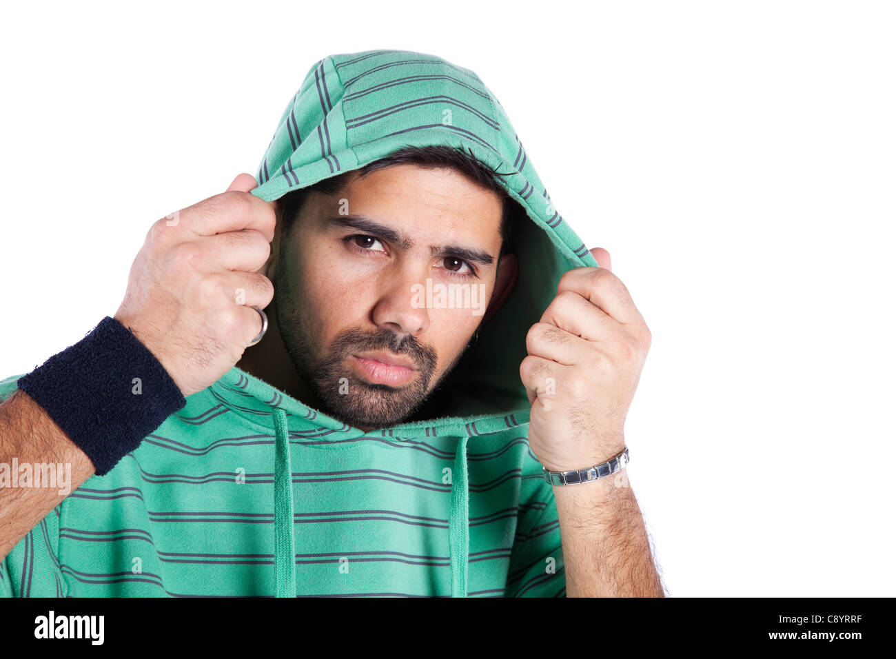 Young rapper posing isolated on white (selective focus) Stock Photo