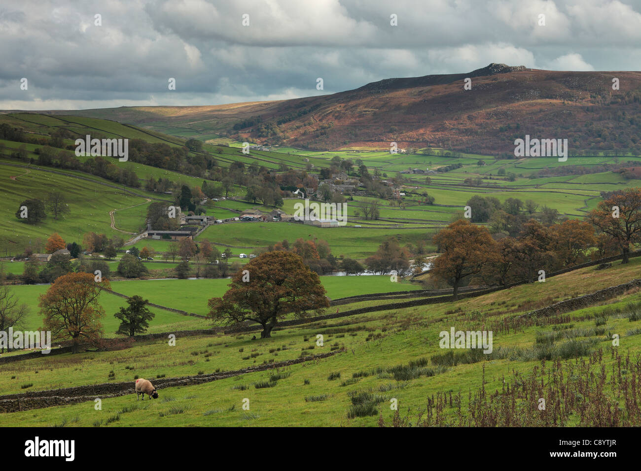 Autumn in Appletreewick and Wharfedale with Simons Seat visible in the distance Stock Photo