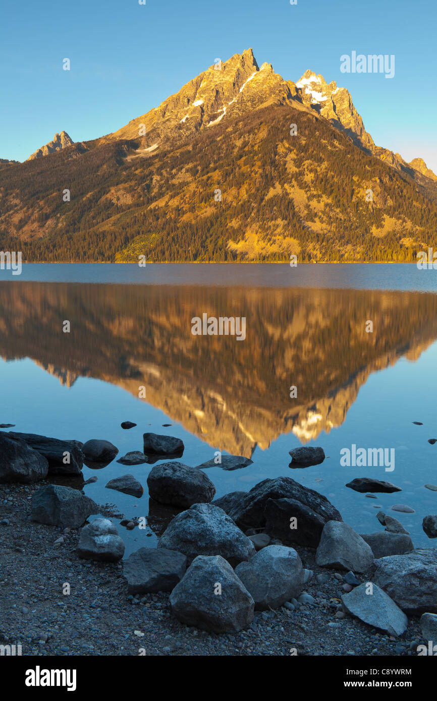 Jenny Lake in the Grand Teton National Park was formed approximately 12,000 years ago by glacial movement.  The lake is estimated to be well over 400 ft. deep and is over 1100 acres in size.   It is one of the major attractions in the park and has many activities both around it and nearby.  Interestingly in today's world, there was a study done in 2005 which indicated Jenny Lake's waters have not been harmed by air or water pollution. Stock Photo