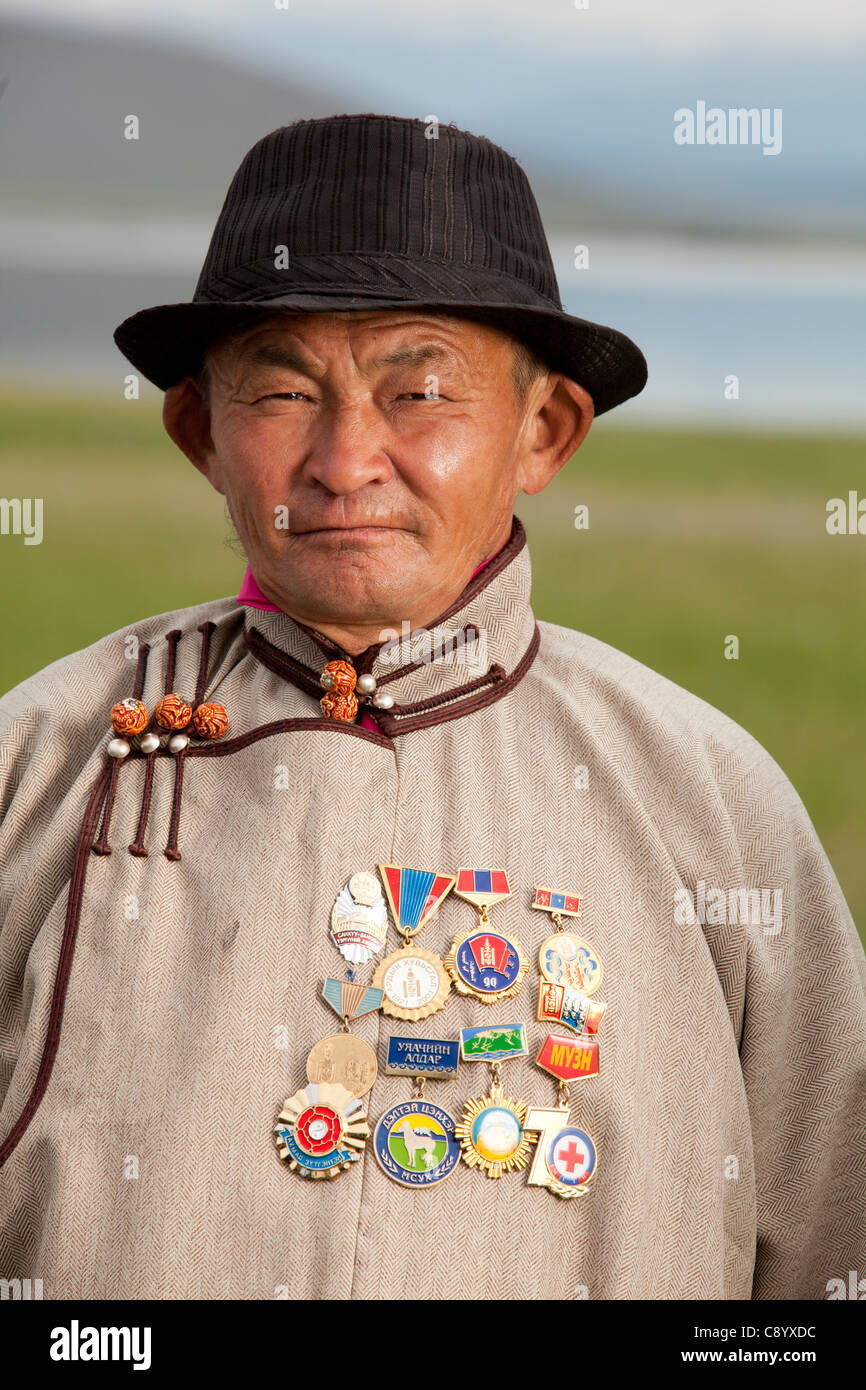 Mongolian general wearing many medal, Tsagaannuur, Khövsgöl, Mongolia ...