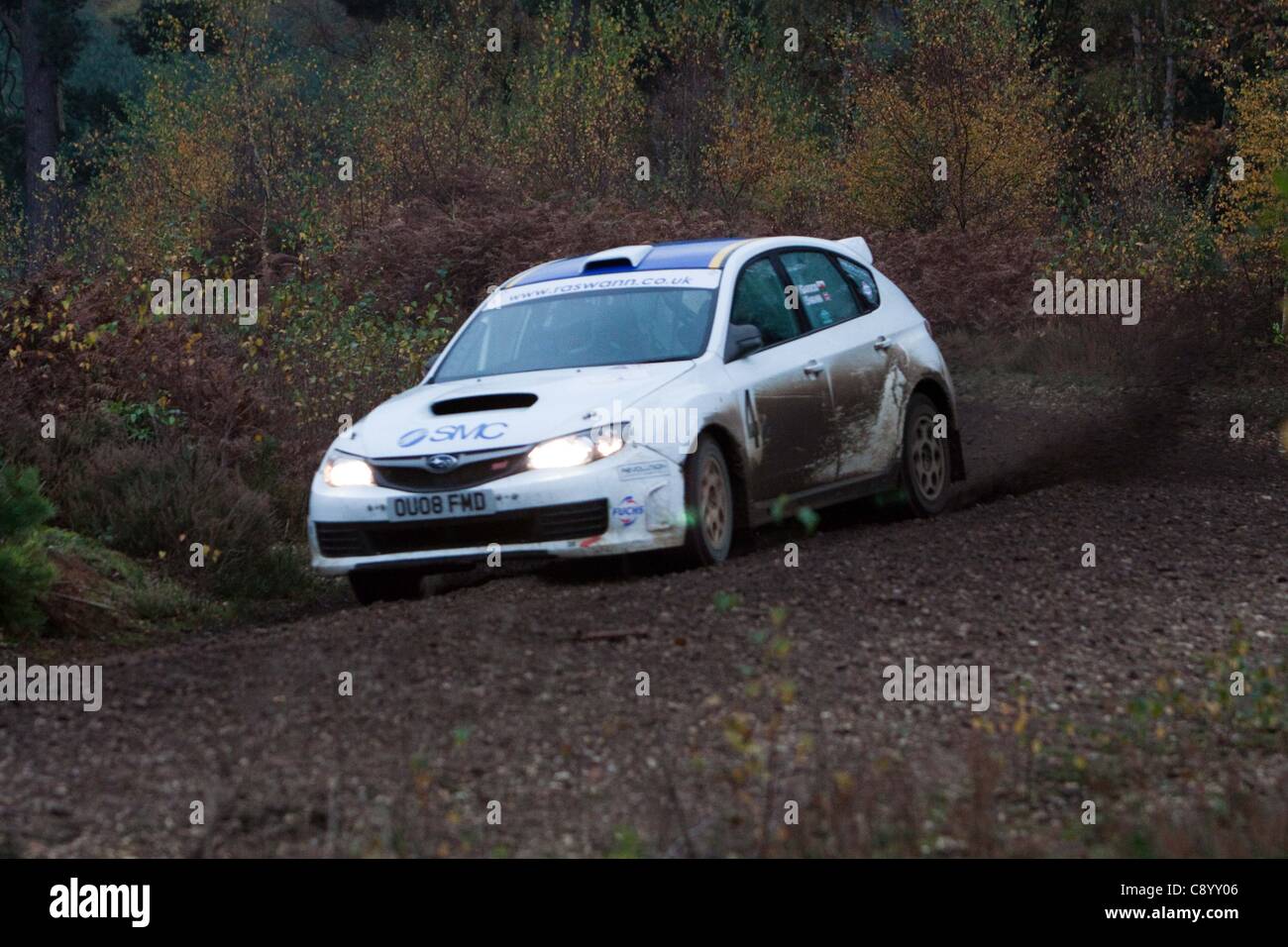 Cars competing in the Tempest Rally, Eversley. The Tempest Rally is a one day gravel stage rally in Southern England. Stock Photo
