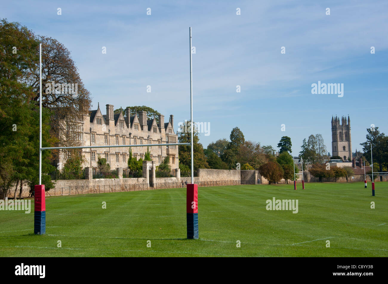 Merton College and playing fields with Magdalen College chapel in the distance. Oxford. UK Stock Photo