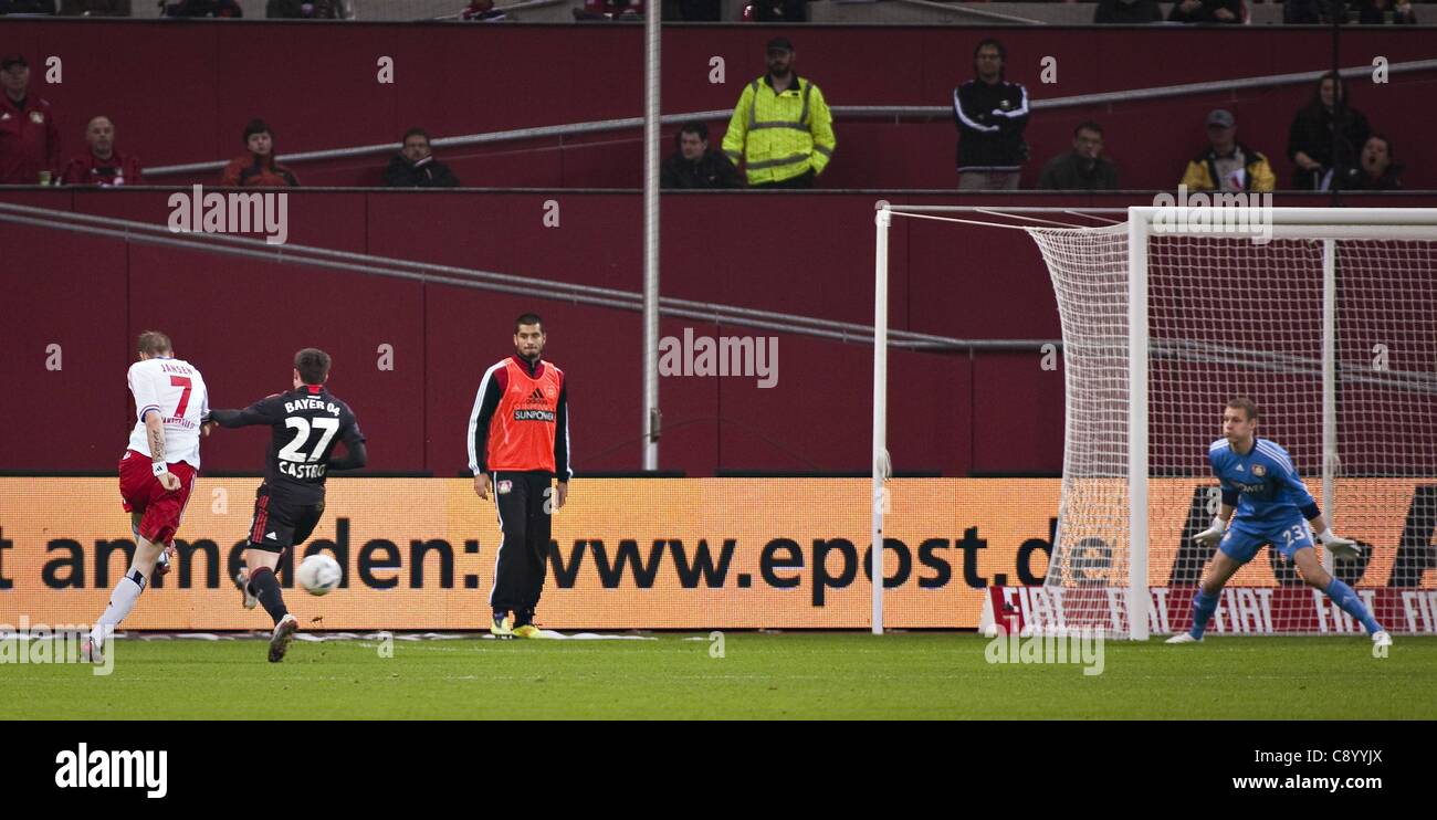 05.11.2011. Leverkusen BayArena Goal making the game 2-2 through Marcell Jansen HSV Gonzalo Castro Bayer Goalkeeper Bernd Leno Bayer Bayer Leverkusen Stock Photo