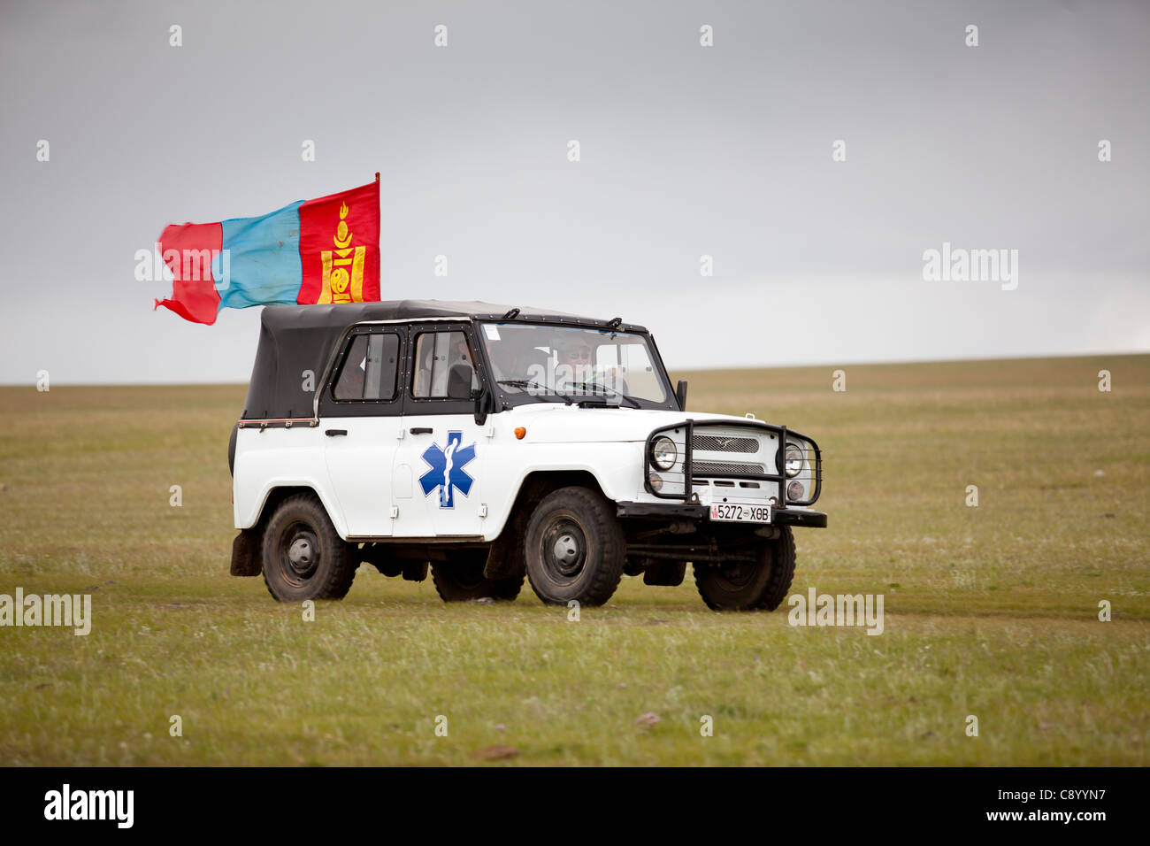 Mongolian ambulance car working at Naadam festival, Tsagaannuur, Khövsgöl, Mongolia Stock Photo