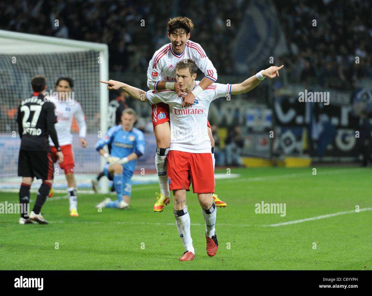 05.11.2011.  Bayer 04 Leverkusen versus Hamburg SV. Marcell Jansen Hamburg SV  and Heung min Sun celebrate After the goal for 2-2 Stock Photo