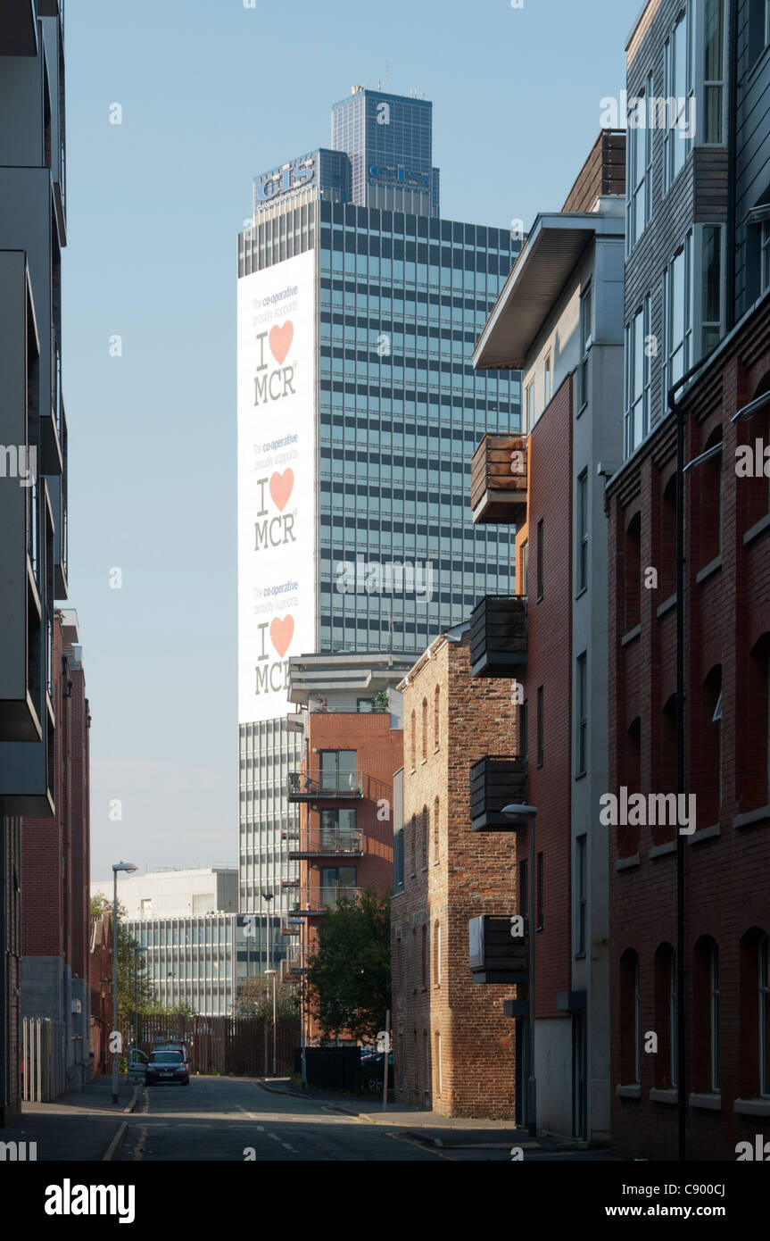 The CIS building with the 'I heart Manchester' banner, from Simpson