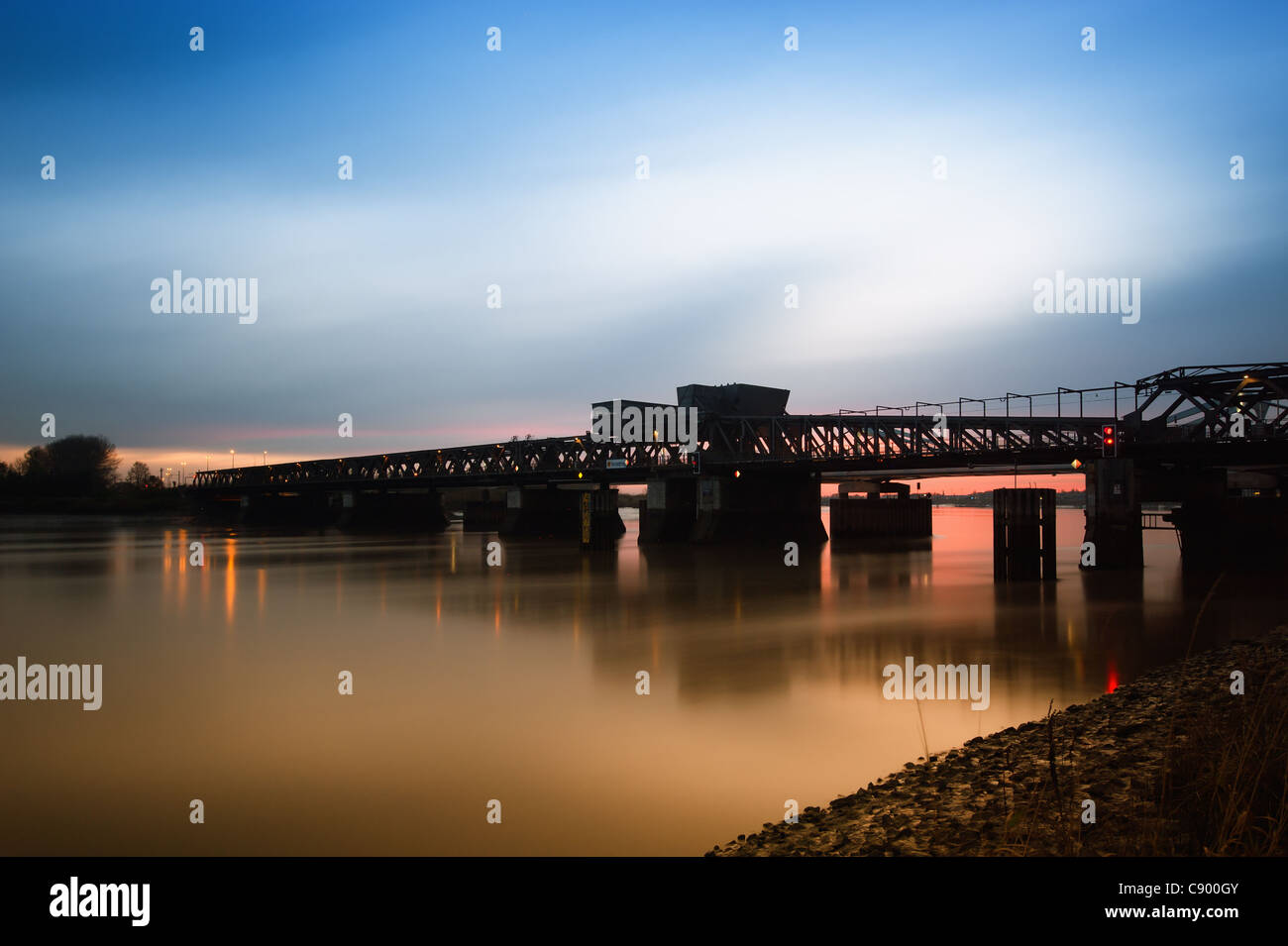 Long exposure of bridge over Schelde in Temse, Belgium Stock Photo