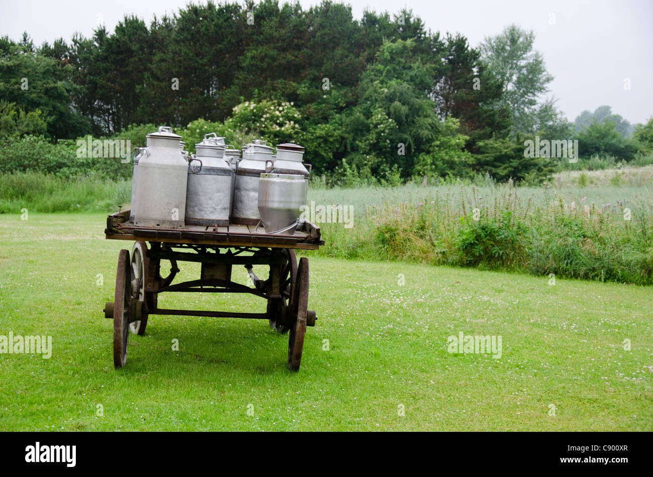 old traditional milk cans on a wooden horse and cart Stock Photo