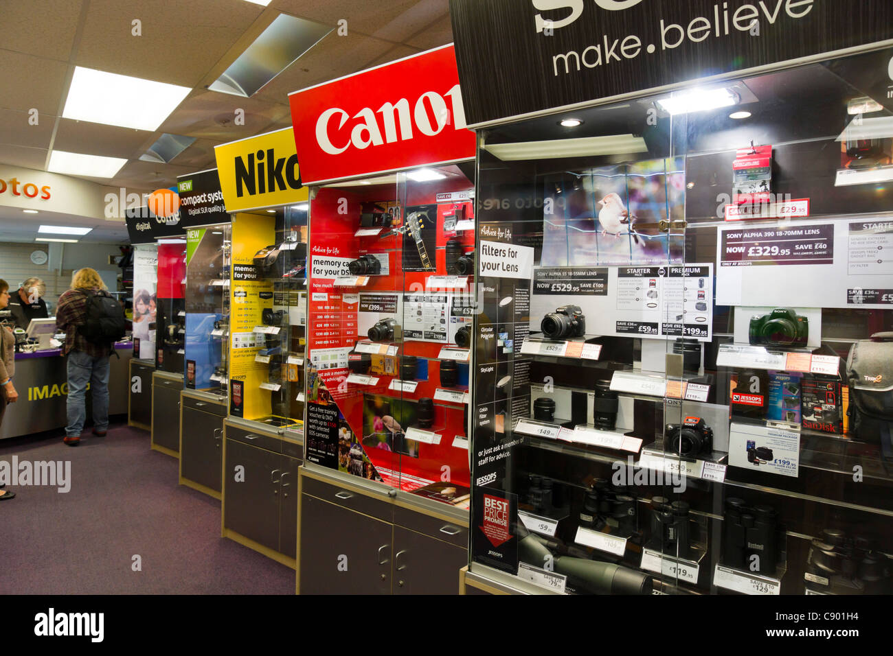 Jessop retail store interior UK - Canon, Nikon and Sony display cabinets  Stock Photo - Alamy