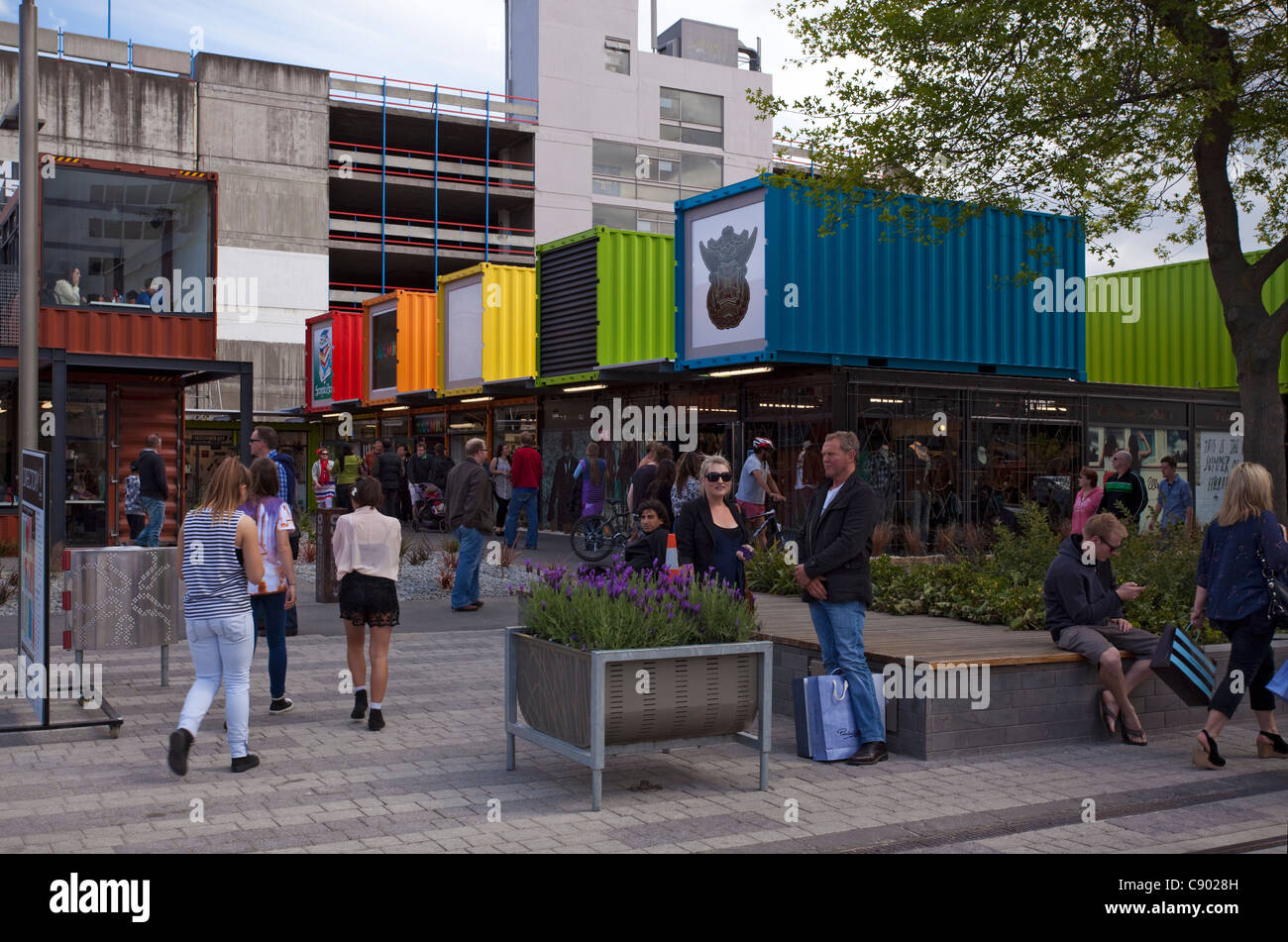 Temporary shopping mall using shipping containers after Christchurch