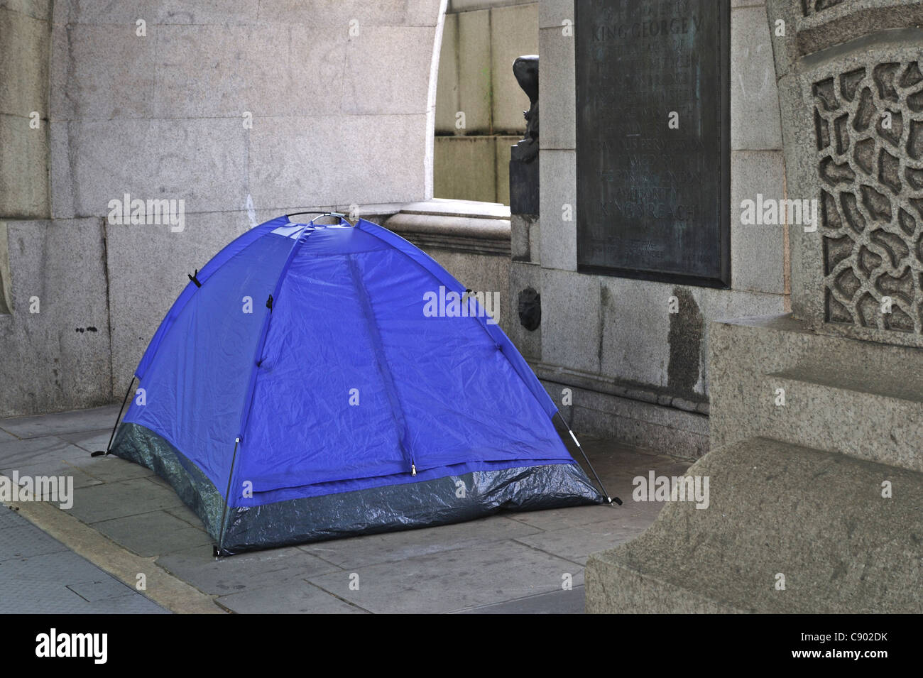 Tent pitched in Central London by the river Thames, UK Stock Photo