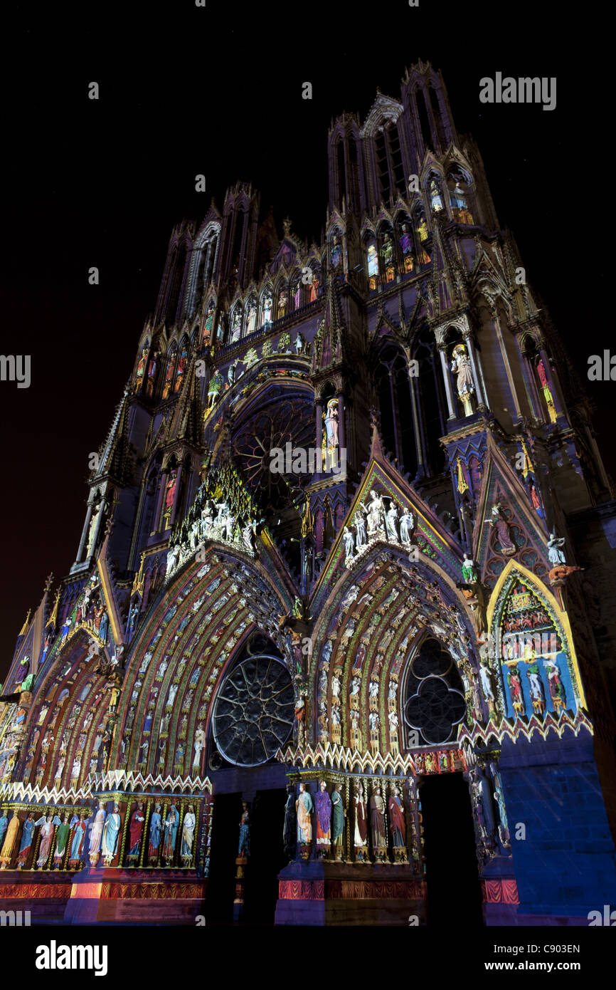 Light show for the cathedral's 800th anniversary (in 2011). Reims, Marne, Grand Est, France. Stock Photo