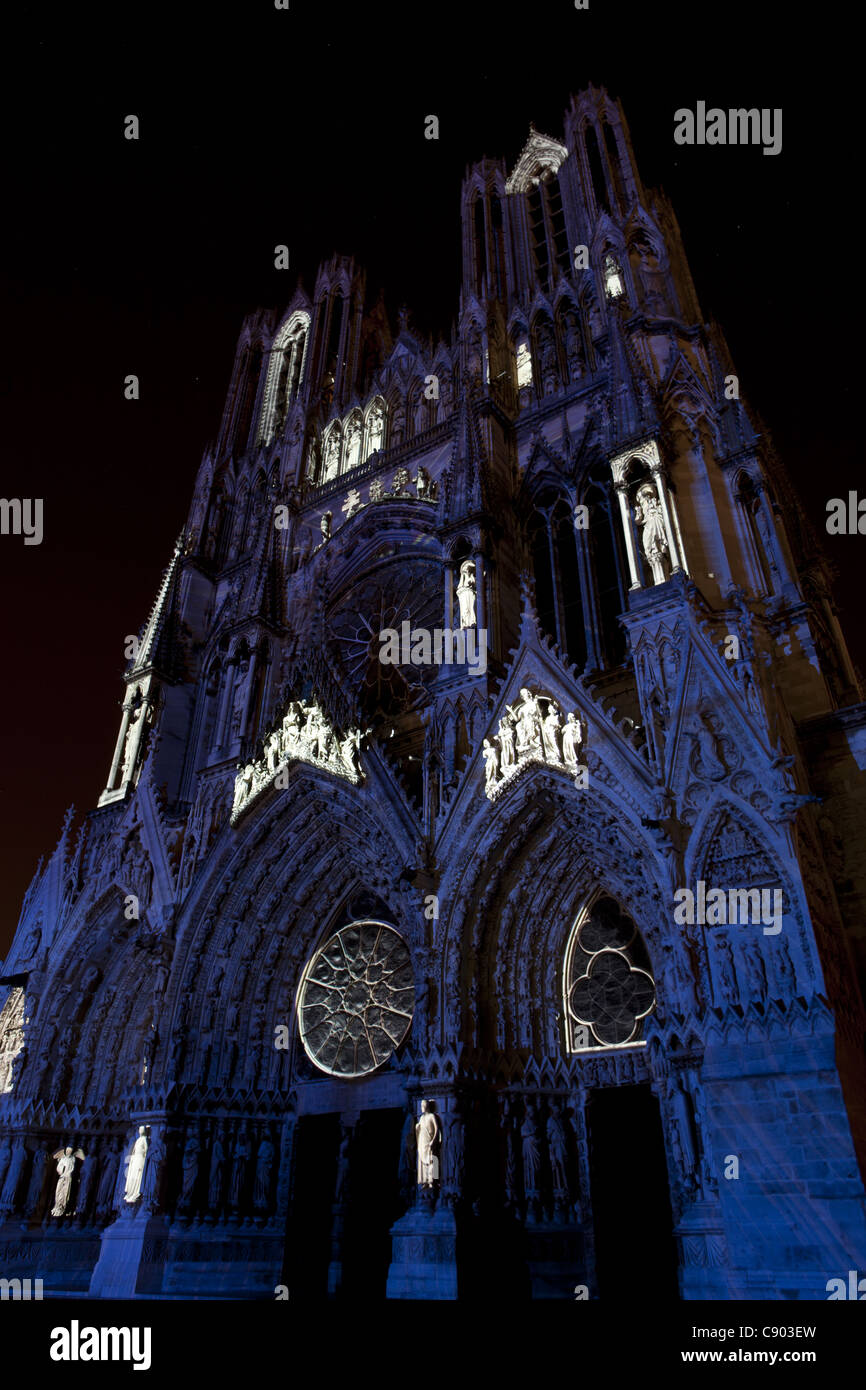 Light show for the cathedral's 800th anniversary (in 2011). Reims, Marne, Grand Est, France. Stock Photo