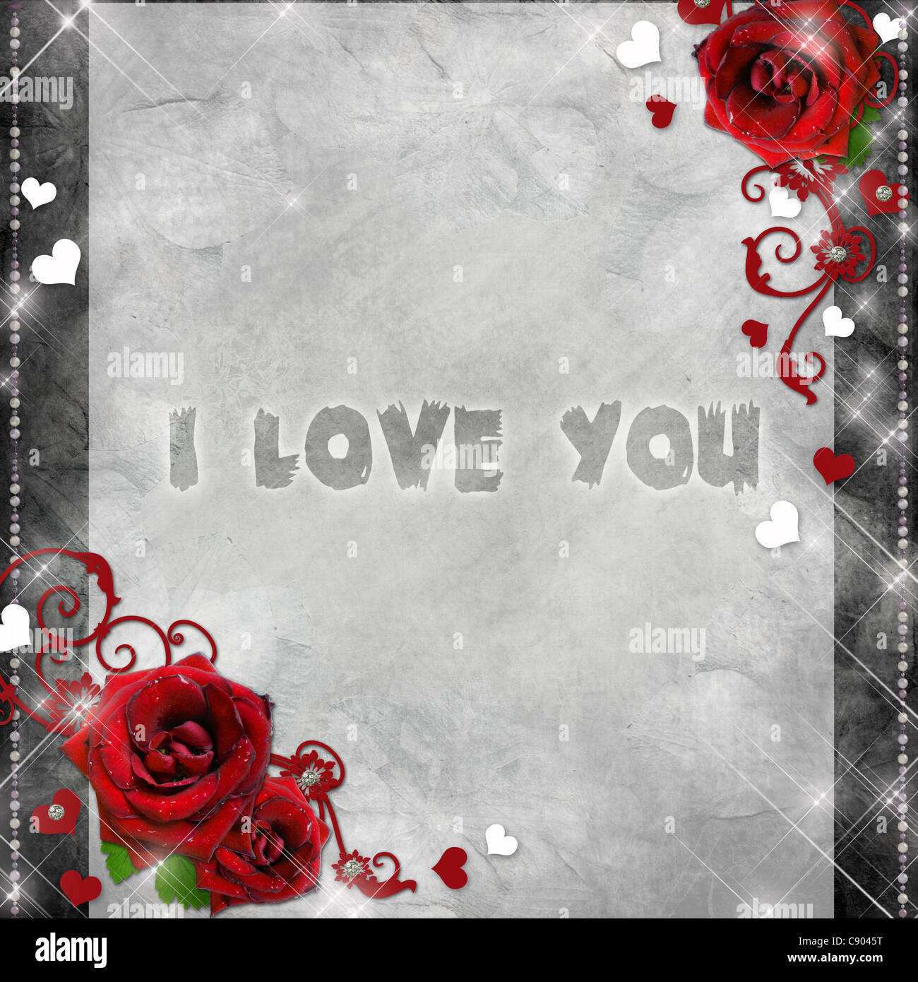 greeting card with red roses and hearts on the grey background Stock ...