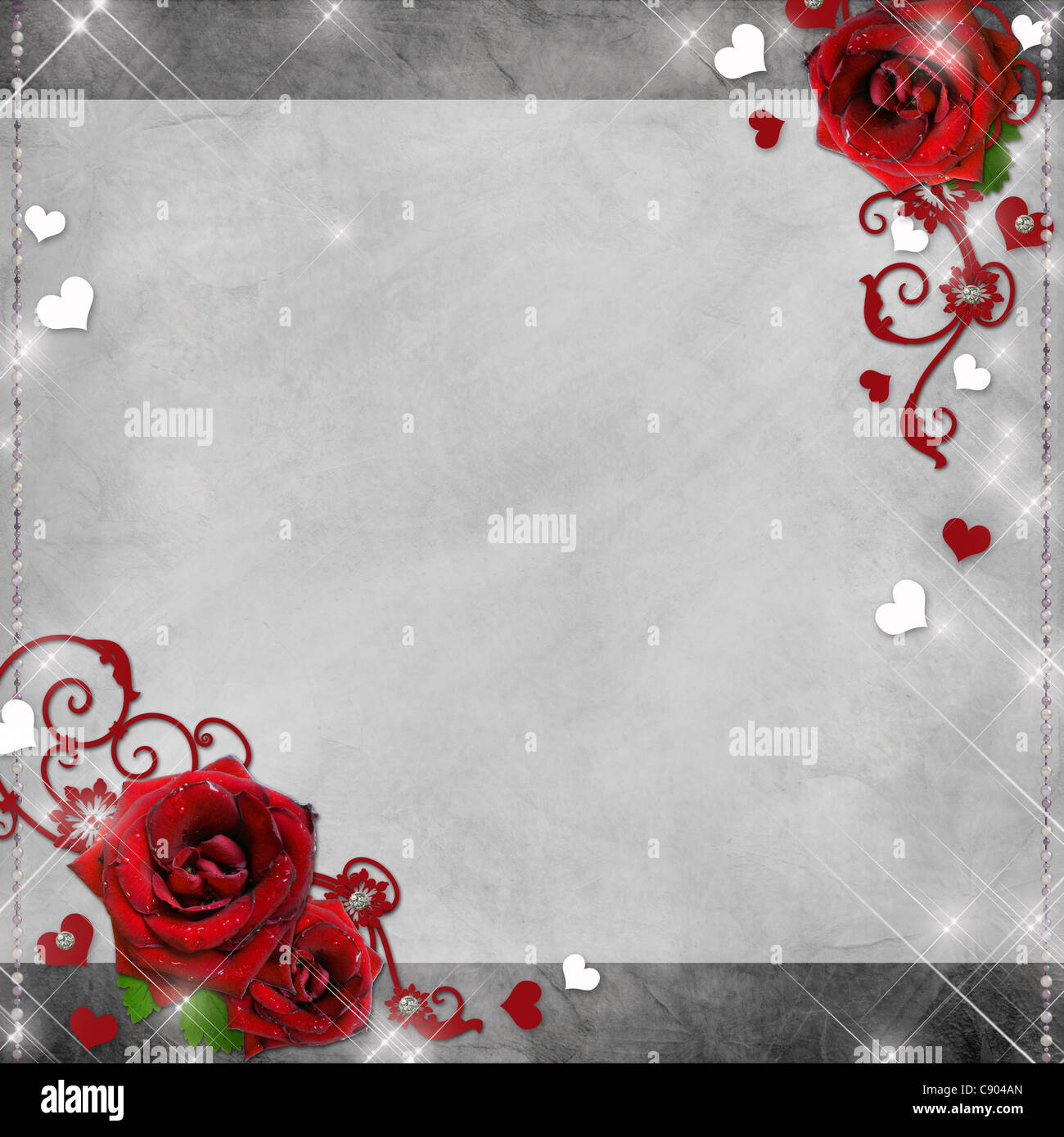 greeting card with red roses and hearts on the grey background Stock ...