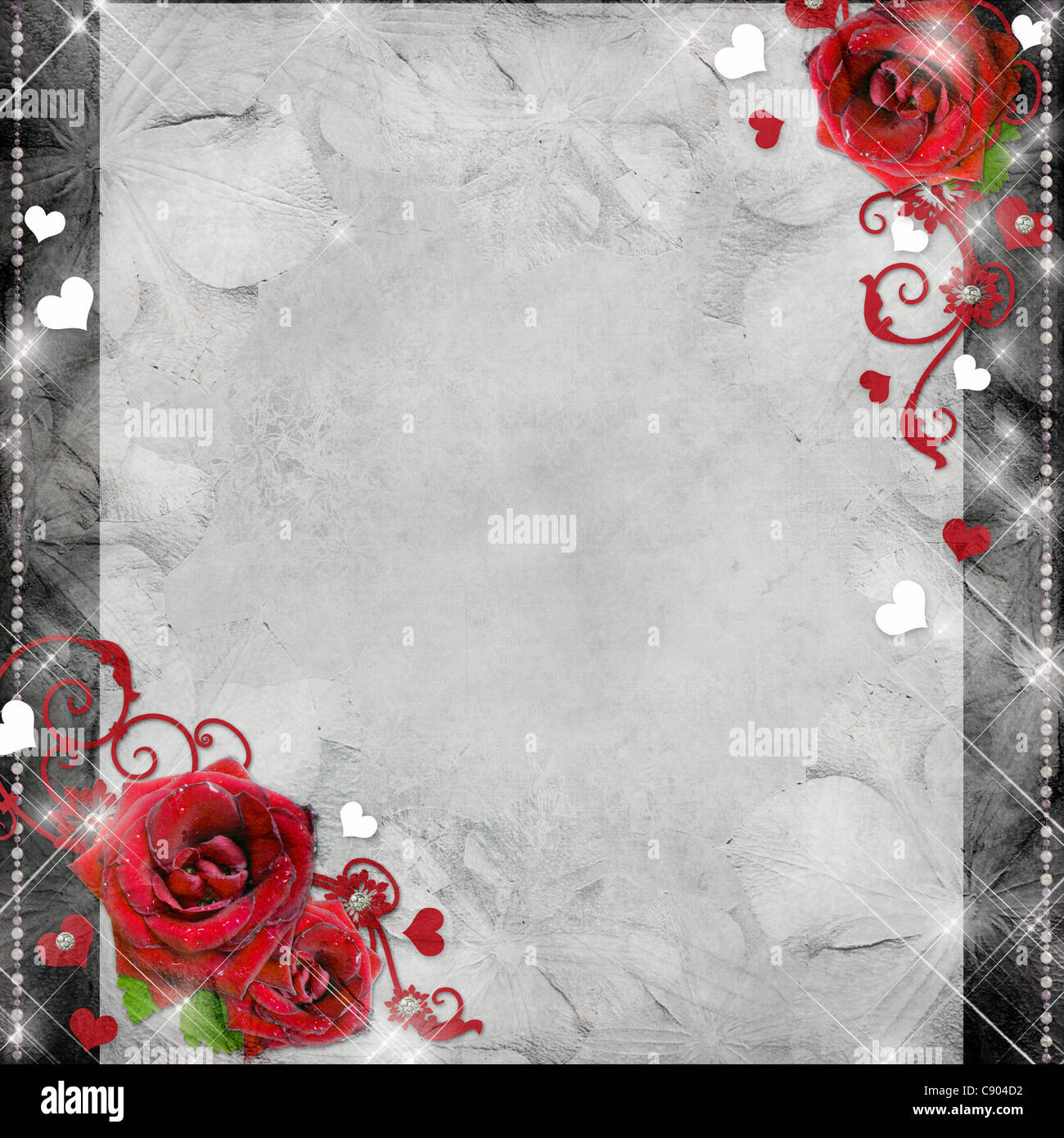 greeting card with red roses and hearts on the grey background Stock ...