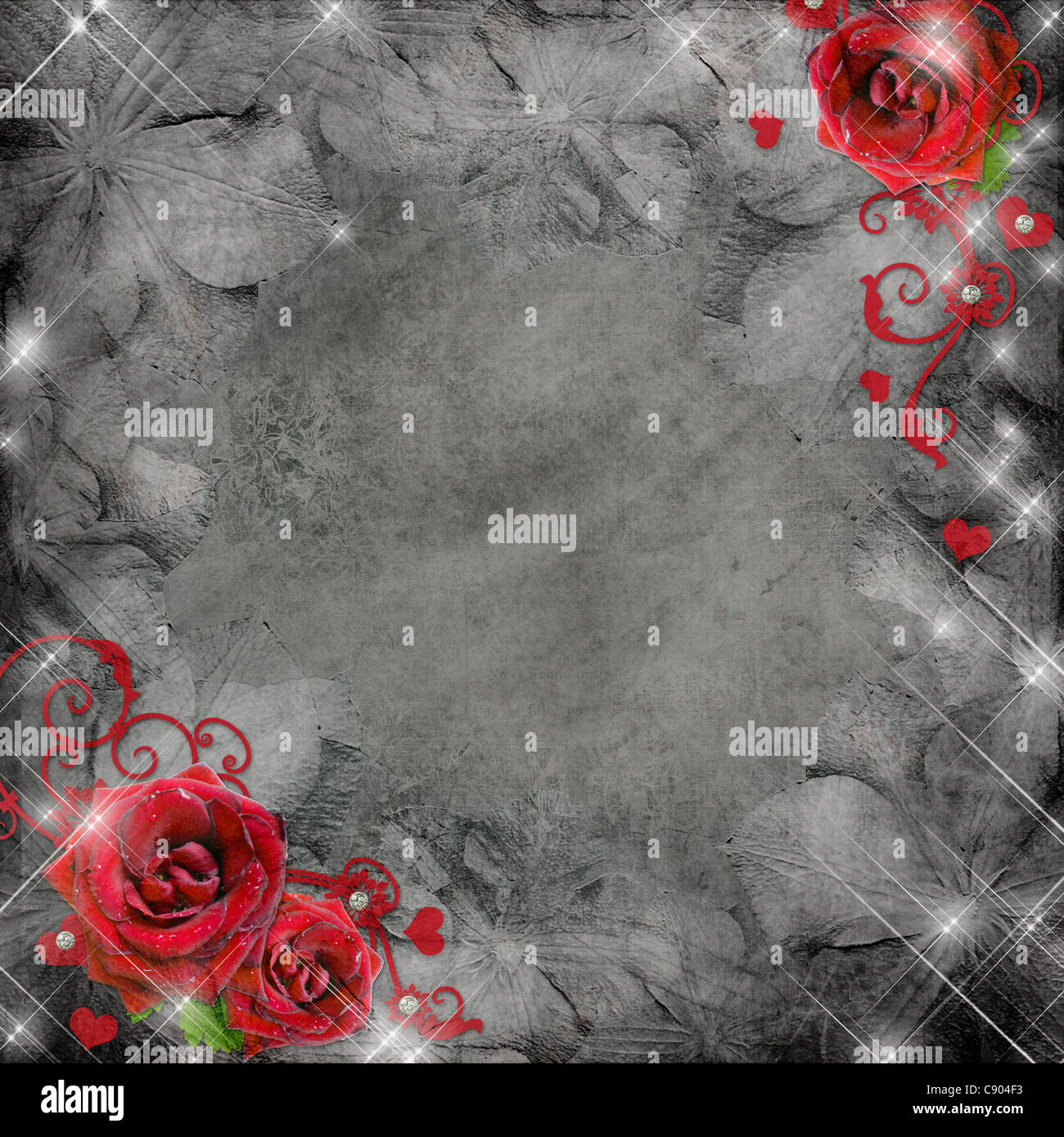greeting card with red roses and hearts on the grey background Stock ...