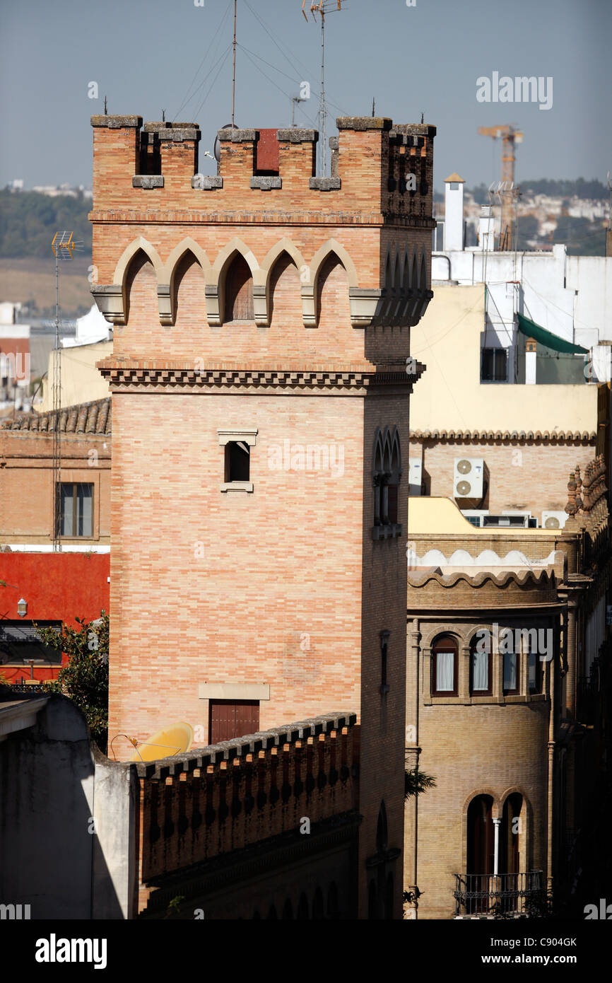 Tower from the Marques de la Motilla palace, contemporary building in neo-Gothic style, Seville, Spain Stock Photo