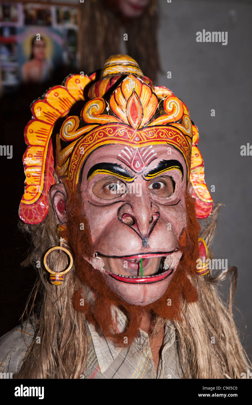 India, Assam, Majuli Island, crafts, mask making man wearing